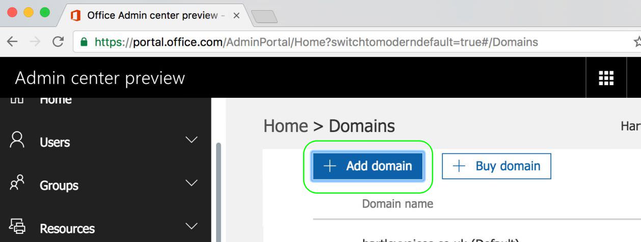 2.3 Click Add Domain in Office 365